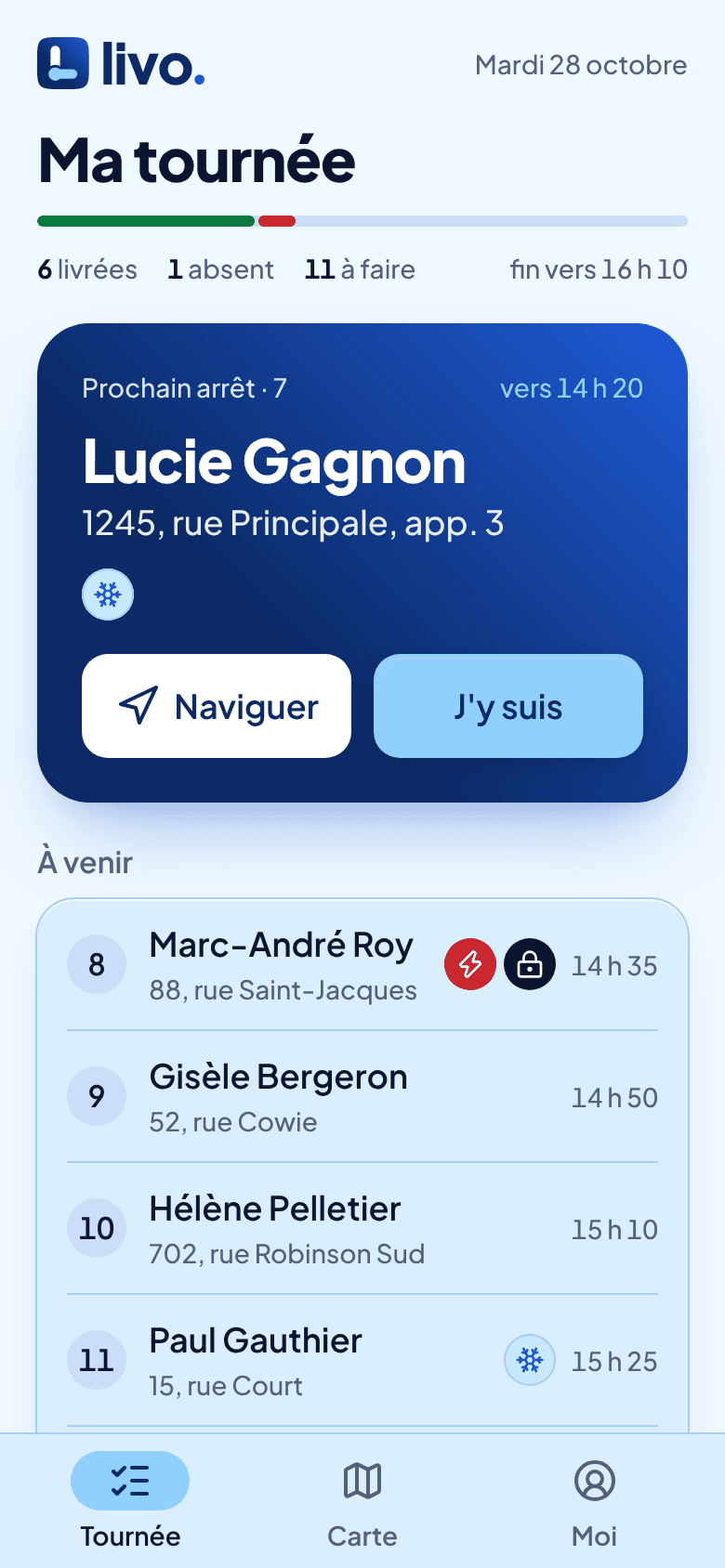 L'app du livreur : sa tournée du jour, avec le prochain arrêt et les arrêts à venir.